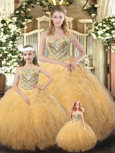 Chic Sweetheart Sleeveless 15 Quinceanera Dress Floor Length Beading and Ruffles Gold Organza