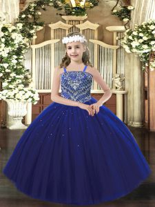 Royal Blue Lace Up Pageant Gowns For Girls Beading Sleeveless Floor Length