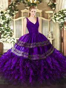 Most Popular Purple Ball Gowns Organza V-neck Sleeveless Beading and Lace and Ruffles Floor Length Backless Sweet 16 Dresses