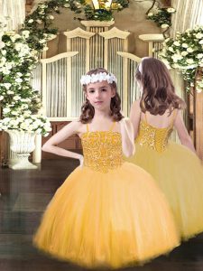 Orange Ball Gowns Spaghetti Straps Sleeveless Tulle Floor Length Lace Up Beading Girls Pageant Dresses