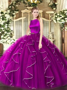 Fuchsia Ball Gowns Organza Scoop Sleeveless Ruffles Floor Length Clasp Handle Sweet 16 Dresses