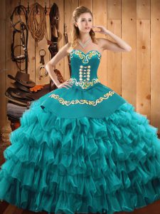 Floor Length Teal Quinceanera Dresses Satin and Organza Sleeveless Embroidery and Ruffled Layers