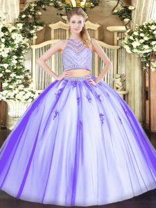 Lavender Two Pieces Scoop Sleeveless Tulle Floor Length Zipper Beading Quince Ball Gowns