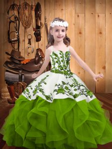 Nice Floor Length Olive Green Winning Pageant Gowns Organza Sleeveless Embroidery and Ruffles