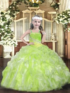 Yellow Green Organza Lace Up Kids Formal Wear Sleeveless Floor Length Beading and Ruffles