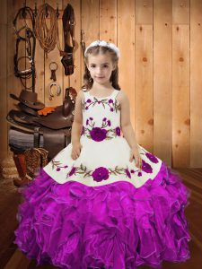 Stunning Floor Length Lace Up Custom Made Pageant Dress Fuchsia for Sweet 16 and Quinceanera with Embroidery and Ruffles and Hand Made Flower
