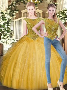 Sumptuous Gold Tulle Zipper 15 Quinceanera Dress Sleeveless Floor Length Beading and Ruffles