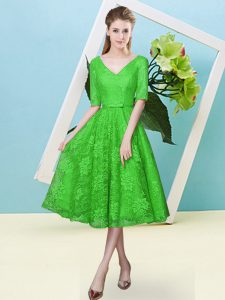 Green Lace Up Vestidos de Damas Bowknot Half Sleeves Tea Length
