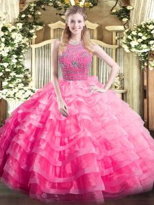 Enchanting Sleeveless Floor Length Beading and Ruffled Layers Zipper Sweet 16 Quinceanera Dress with Rose Pink
