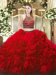 Red Two Pieces Beading and Ruffles Quinceanera Gowns Zipper Tulle Sleeveless Floor Length