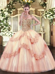 Beading and Appliques 15th Birthday Dress Pink Lace Up Sleeveless Floor Length