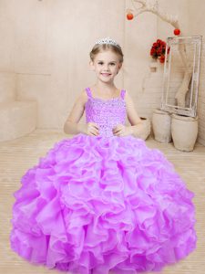 Elegant Lilac Ball Gowns Organza Straps Sleeveless Beading Floor Length Lace Up Kids Pageant Dress