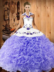 Lovely Halter Top Sleeveless Fabric With Rolling Flowers Quinceanera Dress Embroidery Lace Up