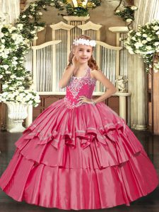 Floor Length Hot Pink Pageant Dress for Womens Organza Sleeveless Beading and Ruffled Layers