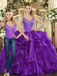 Beading and Ruffles Sweet 16 Dress Purple Lace Up Sleeveless Floor Length