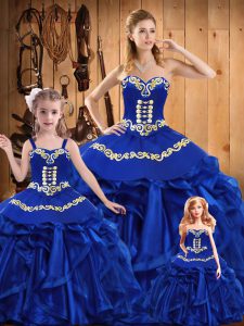 Floor Length Lace Up 15 Quinceanera Dress Royal Blue for Military Ball and Sweet 16 and Quinceanera with Embroidery and Ruffles