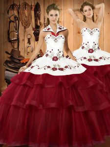 Wine Red Halter Top Lace Up Embroidery and Ruffled Layers Quinceanera Gown Sweep Train Sleeveless