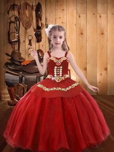 Wonderful Floor Length Lace Up Little Girls Pageant Dress Red for Sweet 16 and Quinceanera with Embroidery and Ruffles