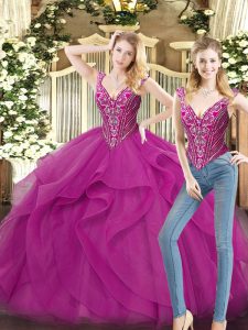 Dazzling Floor Length Ball Gowns Sleeveless Fuchsia 15th Birthday Dress Lace Up