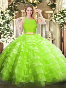 Sexy Yellow Green Scoop Zipper Lace and Ruffled Layers Ball Gown Prom Dress Sleeveless