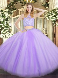 Floor Length Lavender Ball Gown Prom Dress Tulle Sleeveless Beading