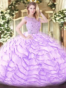 Sweet Lavender Ball Gowns Bateau Sleeveless Tulle Sweep Train Zipper Beading and Ruffled Layers Sweet 16 Dress