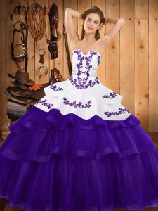 Fantastic Embroidery and Ruffled Layers Quinceanera Gown Purple Lace Up Sleeveless Sweep Train