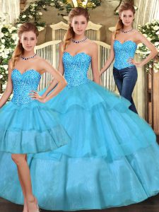 Sweetheart Sleeveless Organza Vestidos de Quinceanera Beading and Ruffled Layers Lace Up