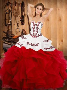 Satin and Organza Strapless Sleeveless Lace Up Embroidery and Ruffles Quince Ball Gowns in White And Red