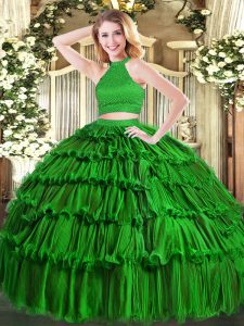 Discount Green Quinceanera Gowns Military Ball and Sweet 16 and Quinceanera with Beading and Ruffled Layers Halter Top Sleeveless Backless