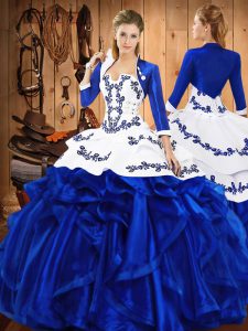 Best Blue Sleeveless Satin and Organza Lace Up Quinceanera Gowns for Military Ball and Sweet 16 and Quinceanera