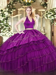 Pretty Fuchsia Zipper Halter Top Embroidery and Ruffled Layers Quinceanera Gowns Organza and Taffeta Sleeveless