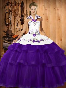 Classical Purple Ball Gowns Halter Top Sleeveless Organza Sweep Train Lace Up Embroidery and Ruffled Layers Quinceanera Dress