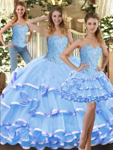 Modern Floor Length Lace Up Quinceanera Gowns Baby Blue for Military Ball and Sweet 16 and Quinceanera with Beading and Ruffled Layers