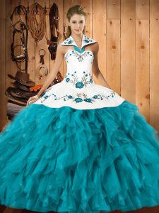 Teal Satin and Organza Lace Up Halter Top Sleeveless Floor Length Sweet 16 Dress Embroidery and Ruffles
