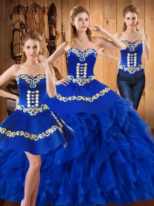 High End Sleeveless Satin and Organza Floor Length Lace Up 15th Birthday Dress in Blue with Embroidery and Ruffles