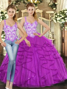 Pretty Straps Sleeveless Tulle 15 Quinceanera Dress Beading and Ruffles Lace Up
