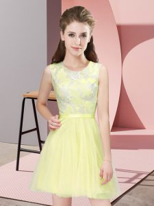 Latest Yellow Side Zipper Dama Dress for Quinceanera Lace Sleeveless Mini Length