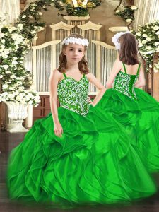 Green Organza Lace Up Kids Formal Wear Sleeveless Floor Length Beading and Ruffles