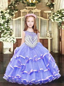 Beading and Ruffled Layers Little Girl Pageant Dress Lavender Zipper Sleeveless Floor Length