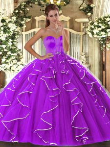 Designer Organza Sweetheart Sleeveless Lace Up Beading and Ruffles Ball Gown Prom Dress in Eggplant Purple