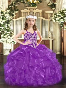Fantastic Purple Organza Lace Up Pageant Gowns For Girls Sleeveless Floor Length Beading