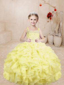 Exquisite Ball Gowns Pageant Dress Wholesale Light Yellow Straps Organza Sleeveless Floor Length Lace Up