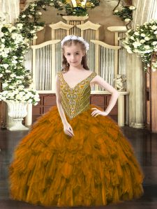 Custom Made Floor Length Brown Pageant Gowns For Girls V-neck Sleeveless Lace Up