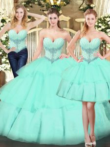 Comfortable Three Pieces Quinceanera Gowns Apple Green Sweetheart Organza Sleeveless Floor Length Lace Up