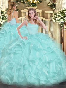 Edgy Straps Sleeveless Zipper Ball Gown Prom Dress Aqua Blue Organza