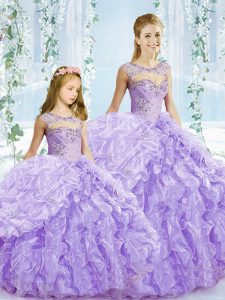 Enchanting Sleeveless Organza Floor Length Lace Up Quinceanera Dress in Lavender with Beading and Ruffles