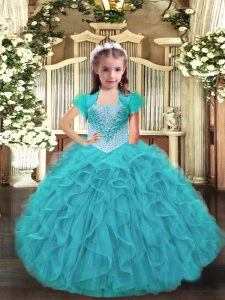 Aqua Blue Straps Neckline Ruffles Little Girl Pageant Dress Sleeveless Lace Up