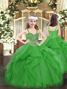 Straps Sleeveless Girls Pageant Dresses Floor Length Beading and Ruffles Green Tulle