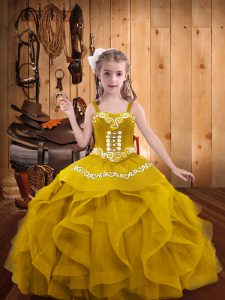 Admirable Gold Sleeveless Embroidery and Ruffles Floor Length Child Pageant Dress